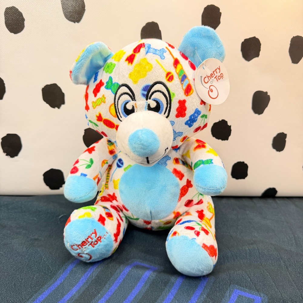 Cherry on Top Plush Bear Kids White Candy Print Soft Stuffed Animal Toy